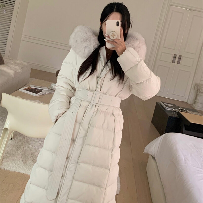 2024 Winter Women Elegant Fox Fur Collar Thick Warm Coats Female White Duck Down Jackets Ladies Long Solid Color Overcoats Q792