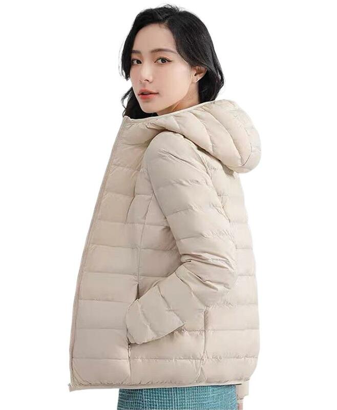 Jaket bulu angsa wanita, jaket ultra-ringan tipis ramping pendek bertudung hangat ringan musim gugur musim dingin 2024