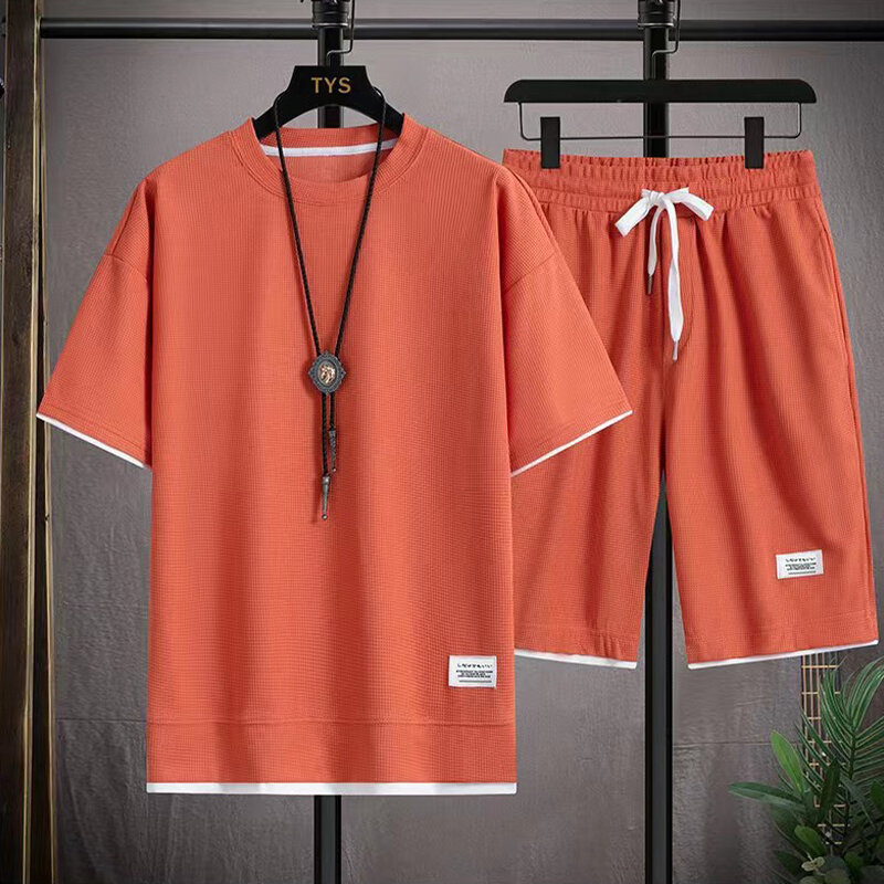 Nieuwe Zomer Mode Heren T-Shirt + Short 2 Delige Set Mannelijke Wafel Tops Met Korte Mouwen T-Short Past Bij Casual Sportpak Voor Heren