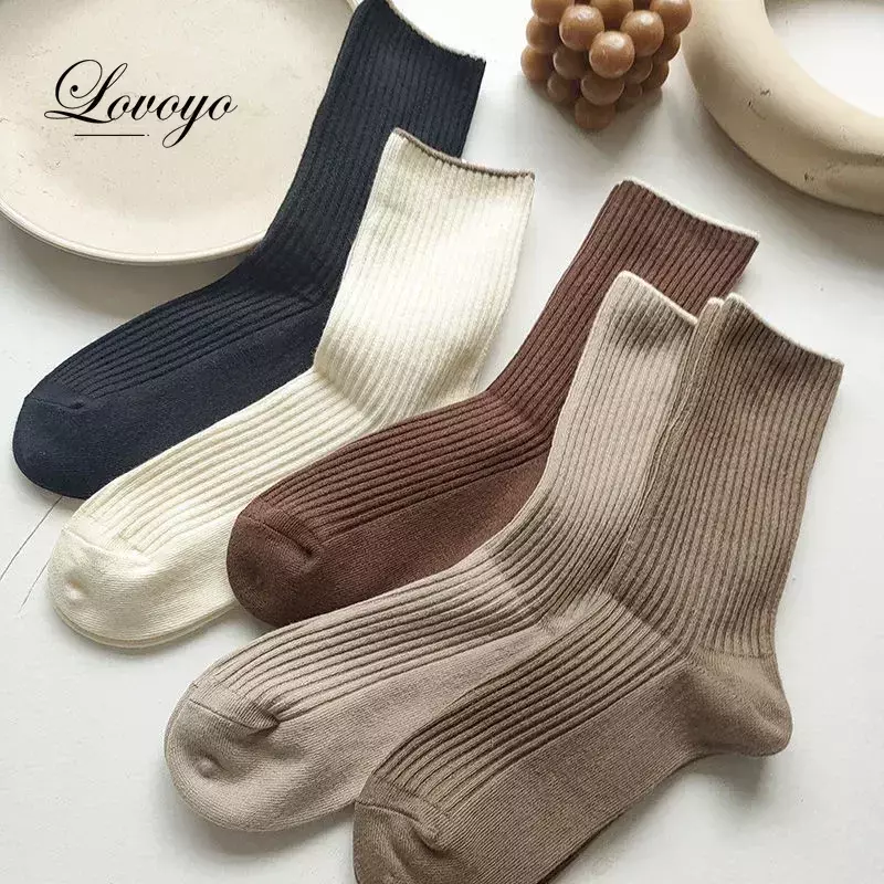 Meias japonesas simples de comprimento médio para mulheres, meias casuais de algodão, monocromáticas, outono, novas, 1 par, 5 pares