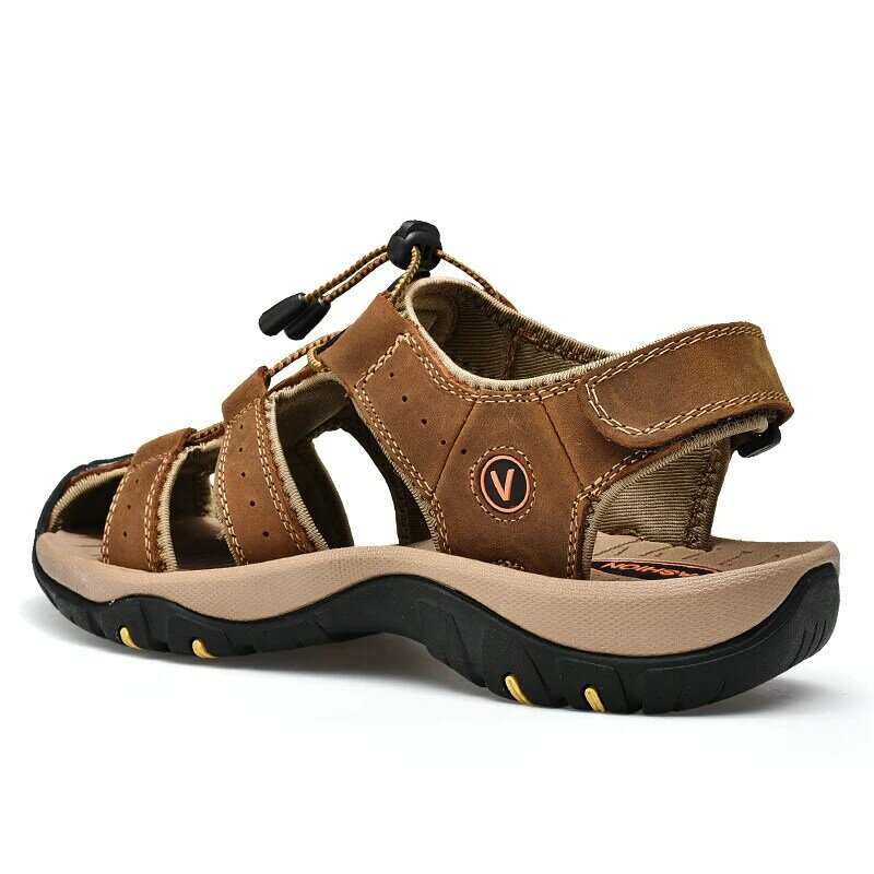 Sandalias de cuero de capa superior para hombre, zapatos cómodos con protección de viaje, suela de goma antideslizante, Playa
