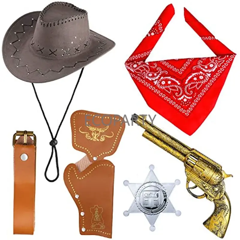 Accesorios de disfraz de vaquero, sombrero de vaquero, Bandanna, pistolas de juguete con cinturón, conjunto de vaquero para fiesta de Halloween, conjunto de seis piezas