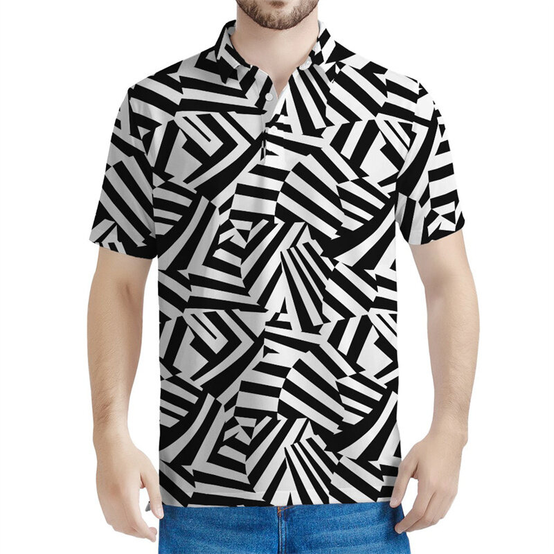 남성용 기하학 패턴 폴로 셔츠, 블랙 화이트, 3D 프린트 카모 라펠 티셔츠, 여름 반팔 상의, 단추 루즈 티, 패션