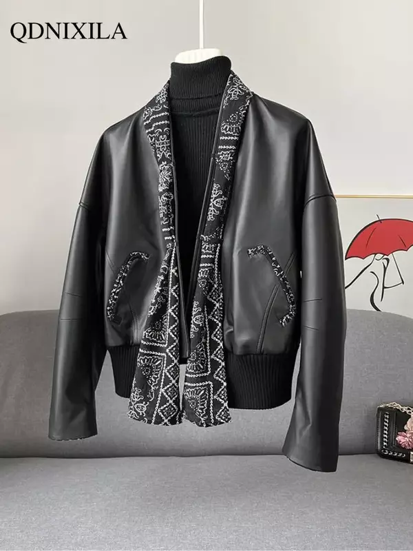 여성용 가죽 재킷, 용수철 재킷, 짧은 캐주얼 블랙 모조 양가죽 재킷, 여성 코트, 신상 아우터, 2024