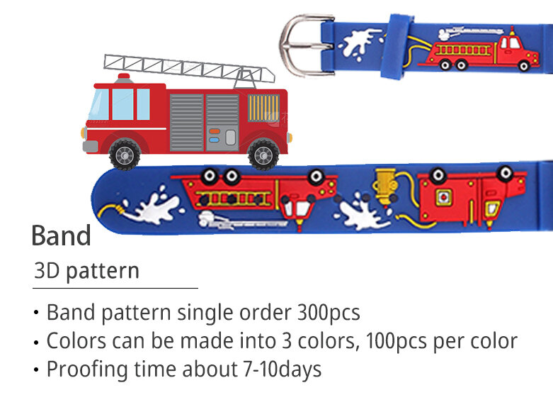 Caminhão de bombeiros azul infantil padrão relógio de pulso, Cartoon Strap, impermeável, esportes, menino garoto