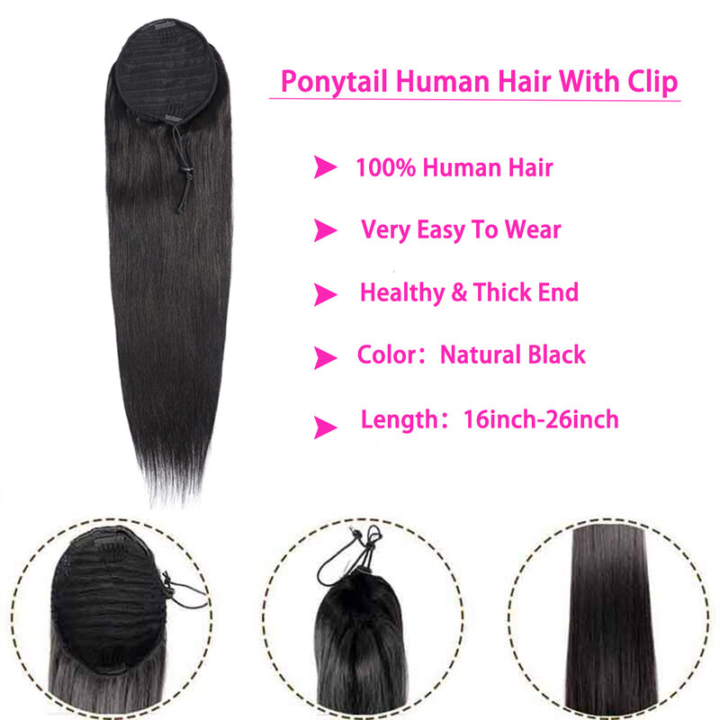 Paardenstaart Human Hair Extensions Met Clip 10 "-26" 100Gram Natuurlijke Kleur Straight Menselijk Haar Trekkoord Paardenstaart voor Vrouwen 1 Stuk