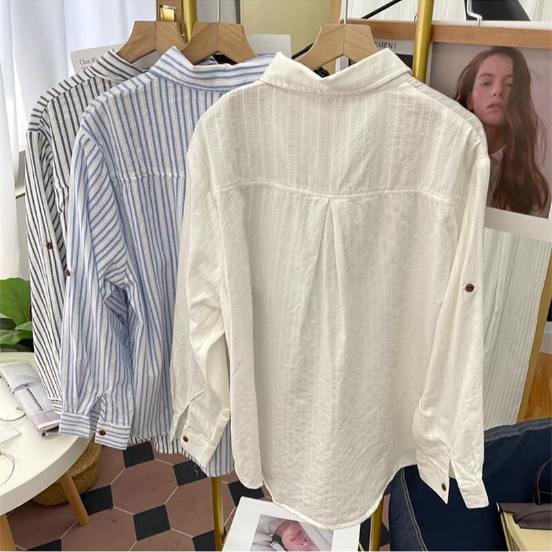 Новинка 2024, корейские осенние женские рубашки в полоску с длинными рукавами, блузка, женские свободные тонкие повседневные модные Универсальные топы, рубашка для дам