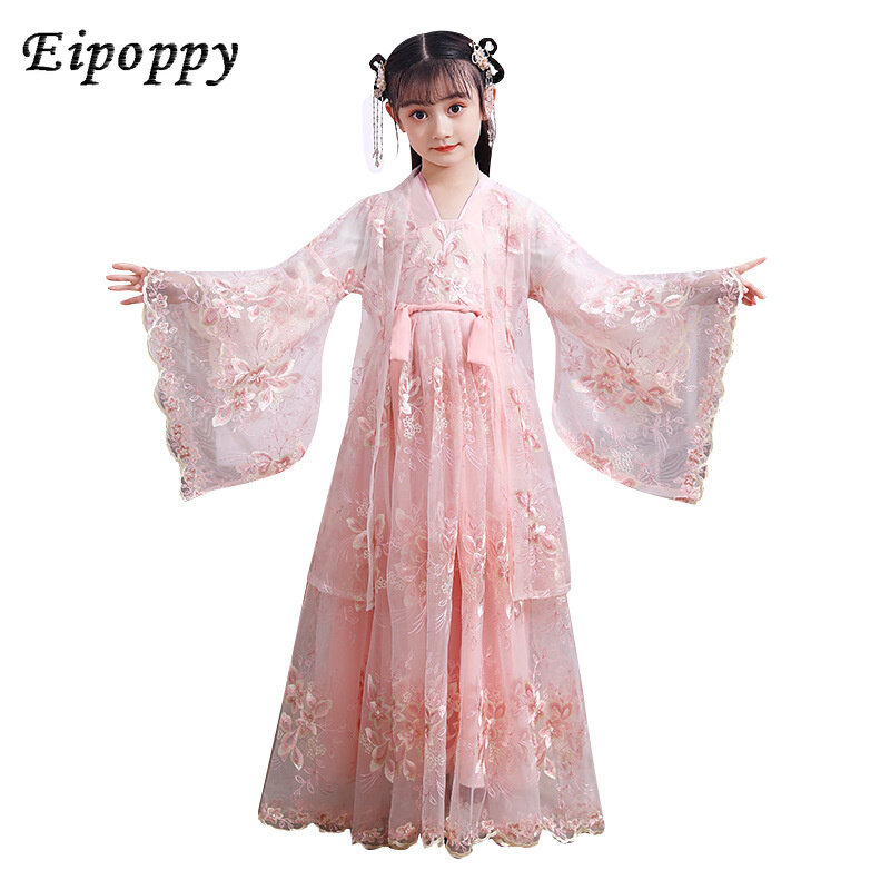 Disfraz de Bata de seda China para niñas, Kimono tradicional de China, vestido antiguo étnico Vintage, traje de baile, conjunto de Hanfu para cosplay