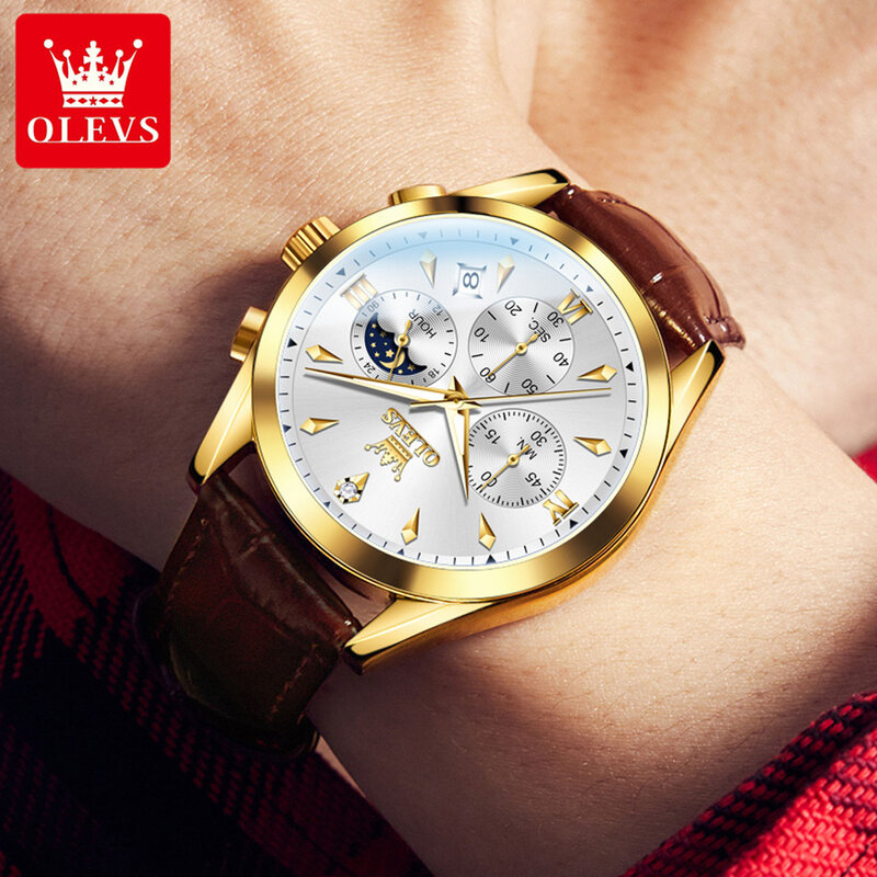 OLEVS 3609 nowe męskie zegarki Trend szary wielofunkcyjny chronograf wodoodporny faza księżyca automatyczny zegar z datownikiem męski zegarek na rękę