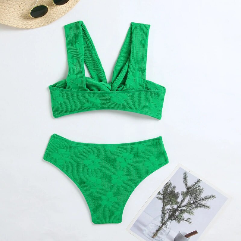 Conjunto de biquíni de cintura alta estampado feminino, maiô sexy, maiô de duas peças, praia swimwear
