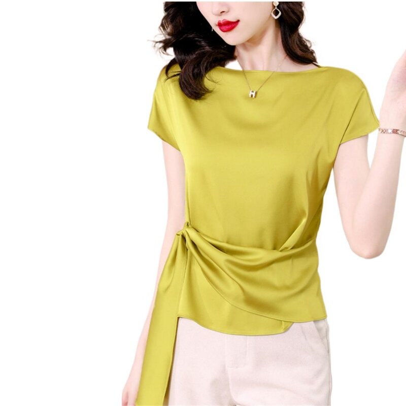 Блузка Женская атласная с коротким рукавом, элегантная повседневная свободная офисная рубашка с воротником-лодочкой, одежда для работы, в Корейском стиле, лето 2024