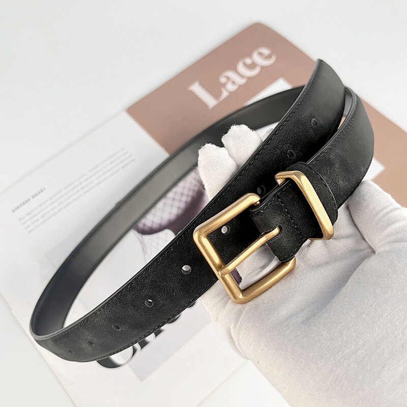 Cinturón de felpa de cuero genuino Retro para mujer, hebilla de aguja informal minimalista y versátil, cintura de pantalones vaqueros, negro