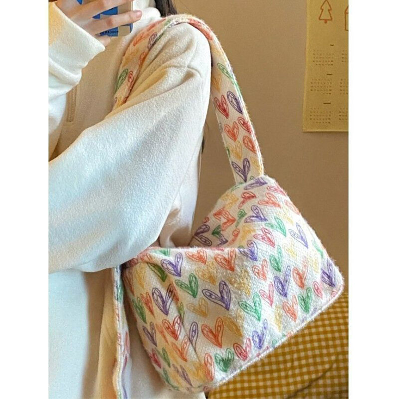 Autumn & Winter Rainbow Love Square Bag for Women Cute Colorful Printed Plush Shoulder Bag Fashion Female Casual Crossbody Bags