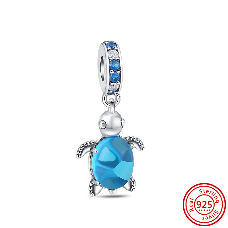 Pandora-Bracelet à breloques en verre bleu pour femme, argent 925, tortue, étoile de mer, coquillage, DolDave, baleine, perles d'animaux marins, bijoux originaux