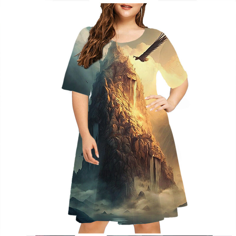 Fantasy World 3D Architektur Print Kleider für Frauen Mode elegante Damen Sommer Plus Size Kleider Kurzarm Kleidung