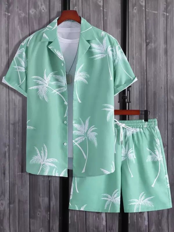 남성용 해변 코코넛 나무 셔츠 세트, 오버사이즈 하와이안 슈트, 3D 프린트 격자 무늬 반팔, 캐주얼 셔츠, 해변 반바지, 스트리트웨어