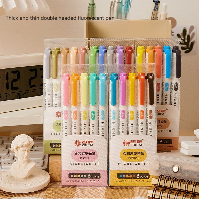 5 Colors/box Double Headed Highlighter Pen Set Fluorescent Drawing Markers Highlighters Pens Art Japanese Cute Pastel Stationery