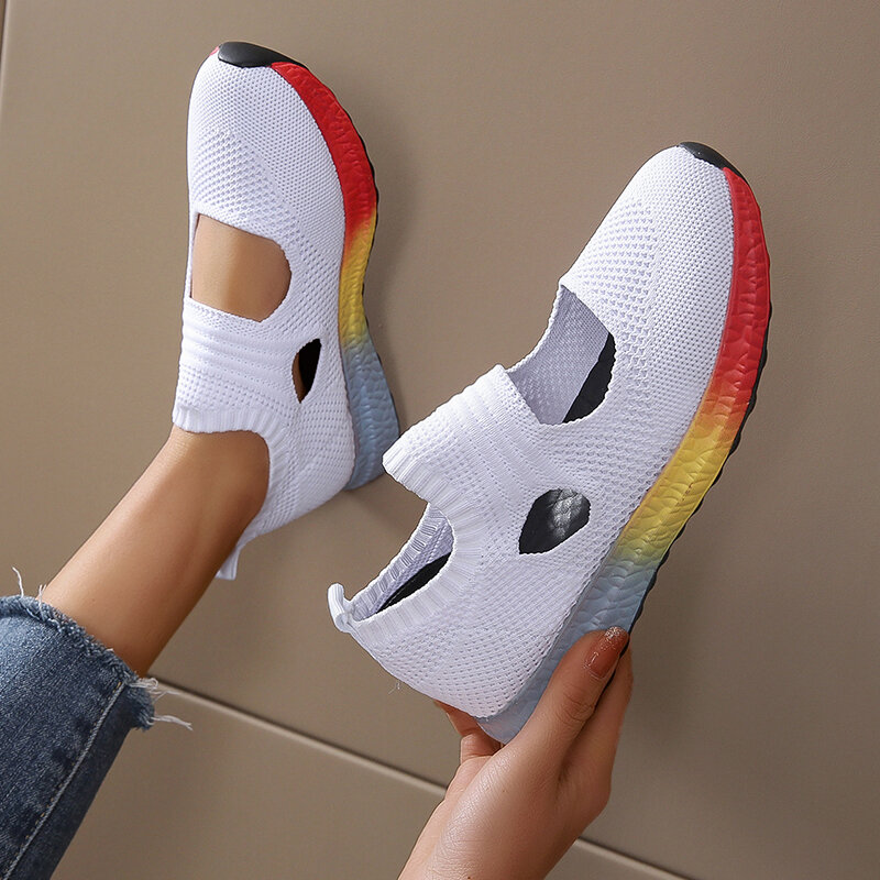 Spring Summer Fashion Women's Sneakers Mesh Colorblock Rainbow Sole plus Size Comfortable Breathable   Vulcanized sneakers2024