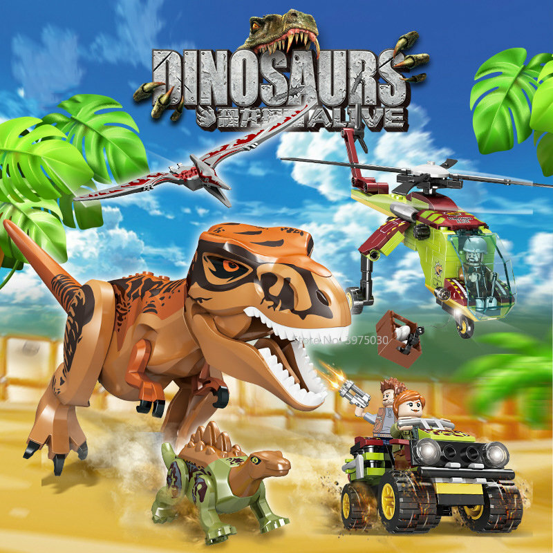 Bloques de construcción de Jurassic Dino World, vehículo todoterreno tiranosaurio, Triceratops, camión de transporte, figuras de dinosaurios, Juguetes DIY