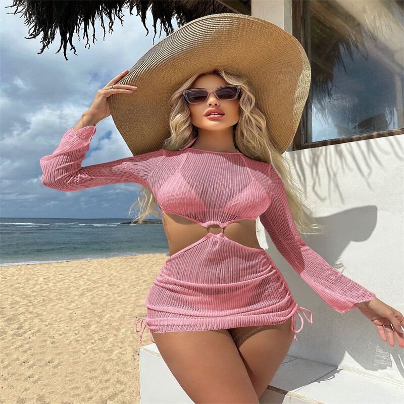 Costume da bagno Bikini da donna rosa 3 pezzi Top + intimo + completo a maniche lunghe Summer Party Beach Holiday gonna Hot Girl Streetwear