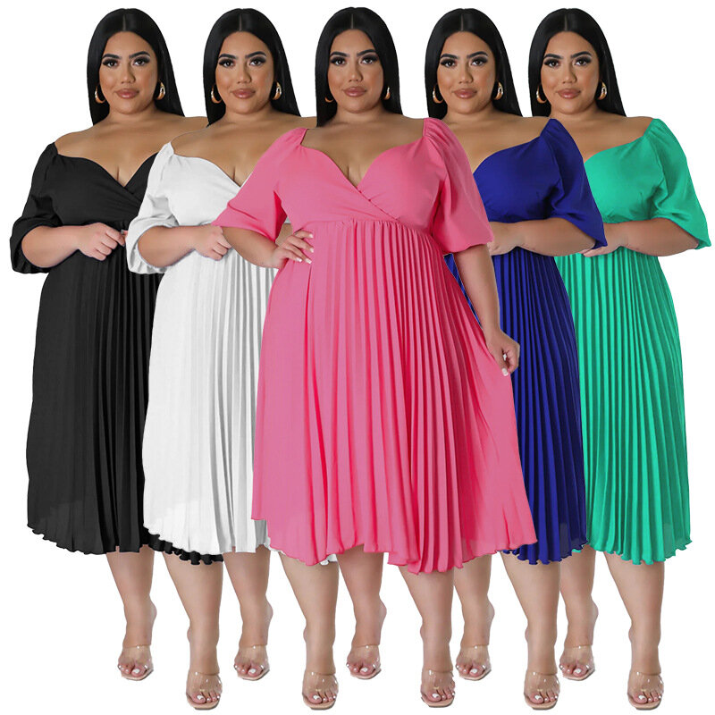 Plus Size Dresses Elegant Solid Color Pleated Short Sleeve Dress Summer Fashion Offiice Lady Club Party Vestidos Clothings 2023
