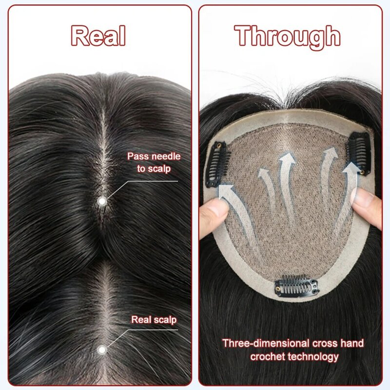 Toppers de cabello humano para mujer, Topper 100% Remy con flequillo, Clip de Base de seda de densidad 150% en Topper, Clip de Color Natural en flequillo