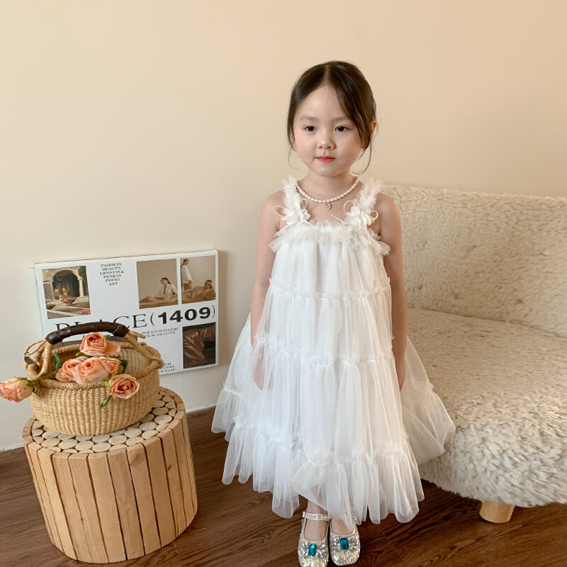 فستان أميرة بحمالات للأطفال ، النسخة الكورية ، ملابس صيفية ، أبيض ، فتيات ، طفل ، جديد ،