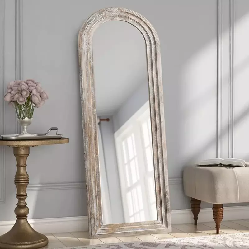 Espejo arqueado de longitud completa, espejo de Piso de 65 "x 22", marco de madera rústica montado en la pared para baño, dormitorio, sala de estar, blanco