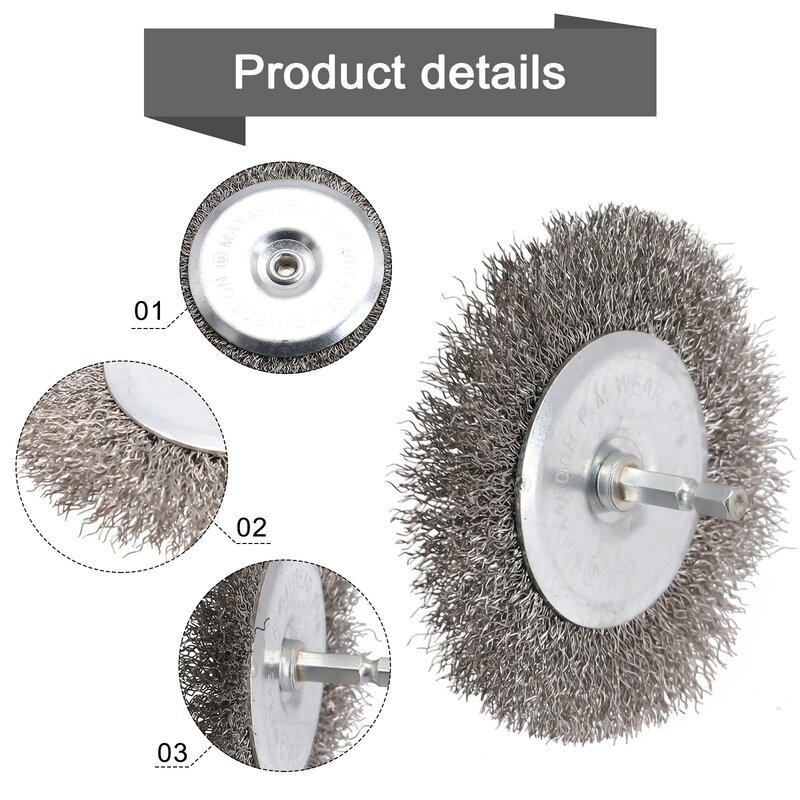 Escova da roda do fio do aço carbono para a broca, fio do friso, remoção da oxidação, Deburring, escovas de limpeza, 0.3mm, 4 ", 100mm