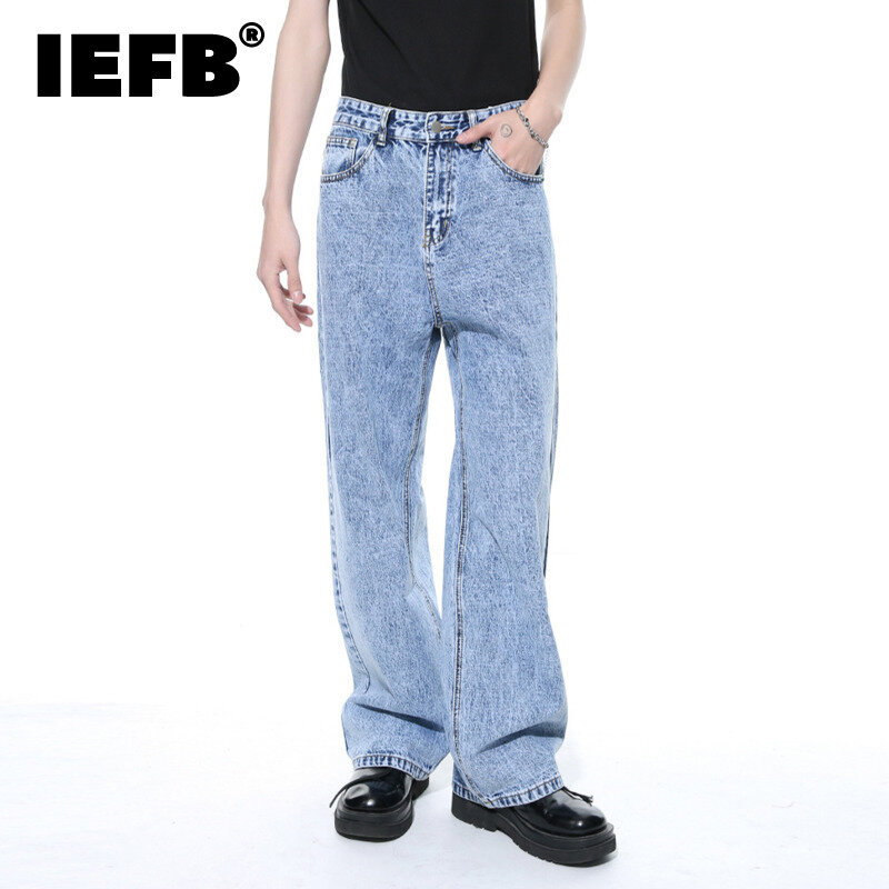IEFB 2024 Nowe męskie jeansy casualowe Retro Washed Straight Leg Korean Style Zipper Opening Mid Length Fashion Męskie spodnie jeansowe C5699
