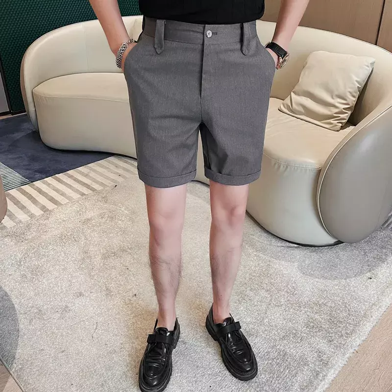 Waist Elastic Gray Fashion Shorts， Men's Fifth Pants, Summer New Solid Color Slim-Fit Solid Color All-Matching Middle Pants