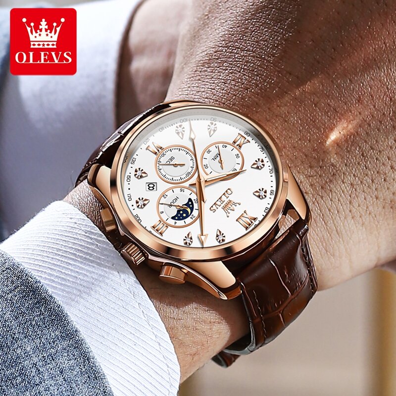OLEVS Fashion Chronograph Quartz Watch Men Leather Strap Waterproof Luxury Moon Phase Mens Watches Top Brand Luxury Wristwatch