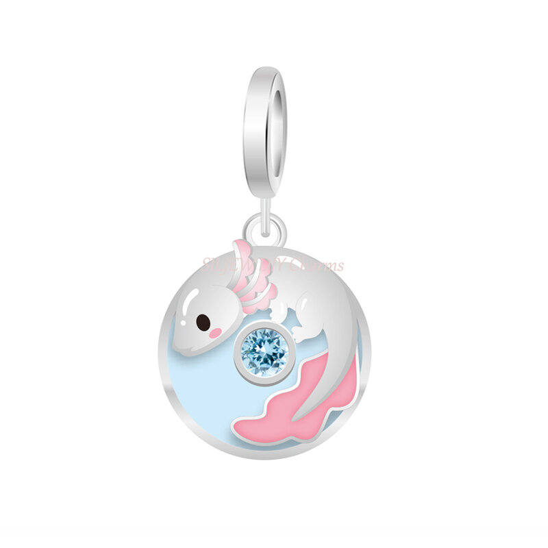 Axolotl & Blue 지르콘 더블 댕글 참 비즈 핏 판도라 여성용 DIY 팔찌 쥬얼리 선물, 오리지널 디자인