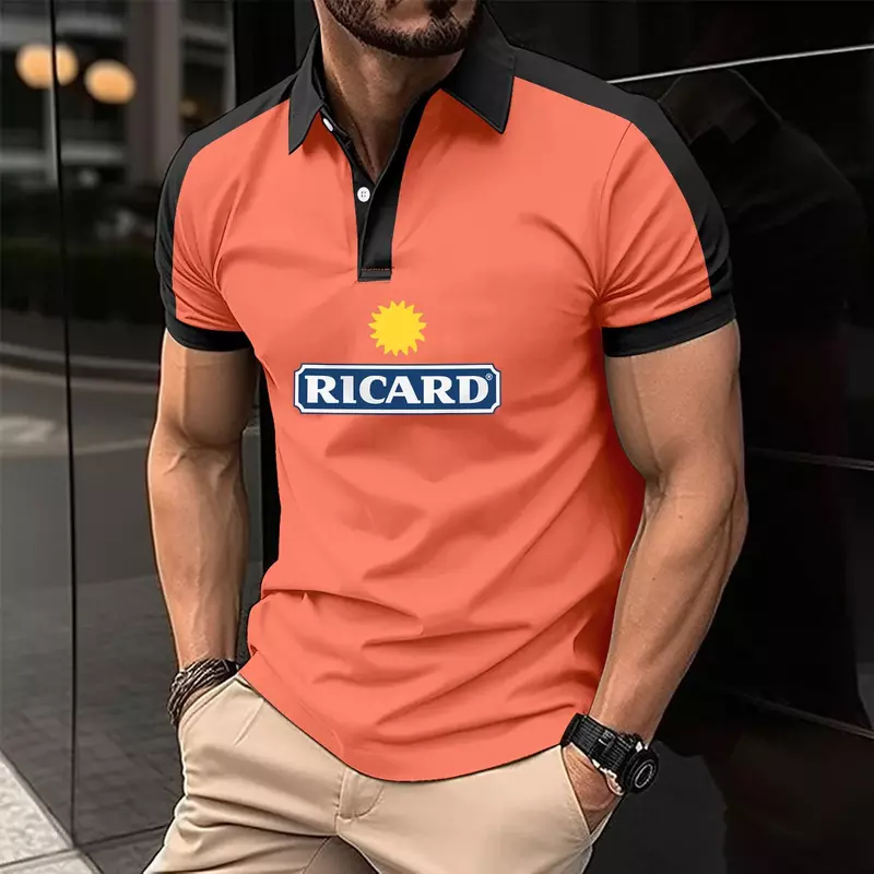 Camiseta de golf de manga corta para hombre, sudaderas con estampado Ricard, POLO de algodón de alta gama de negocios con retales de color, novedad de 2024