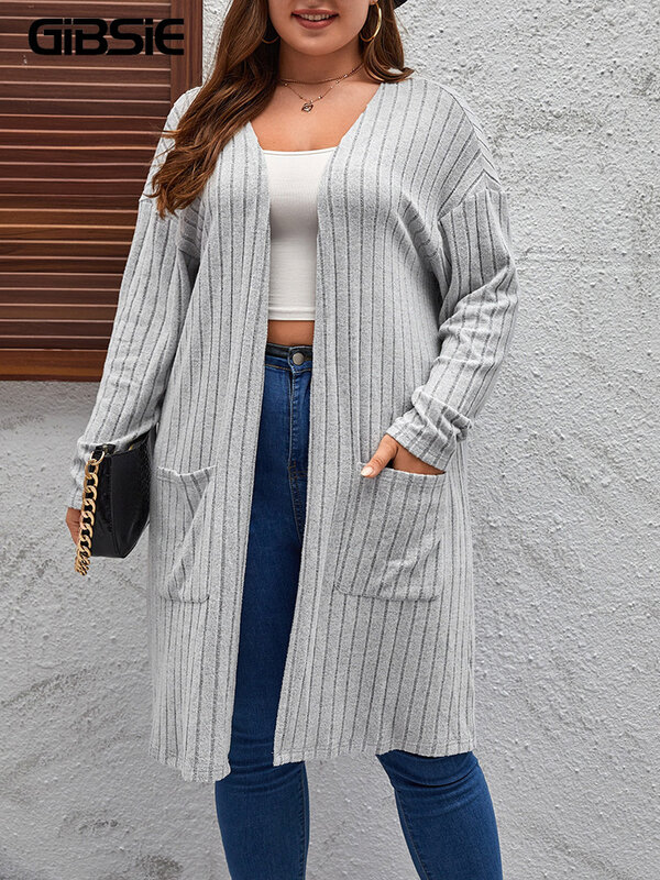 GIBSIE Plus Size Solid Rib Knit Open Front Cardigans Women Spring Autumn Casual Long Sleeve Korean Female Mid-Long Cardigan Coat