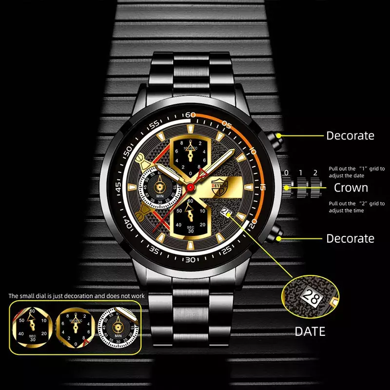Jam tangan Quartz pria antikarat, jam tangan mewah, jam tangan modis, bahan baja tahan karat, jam Quartz, kalender, emas, mewah