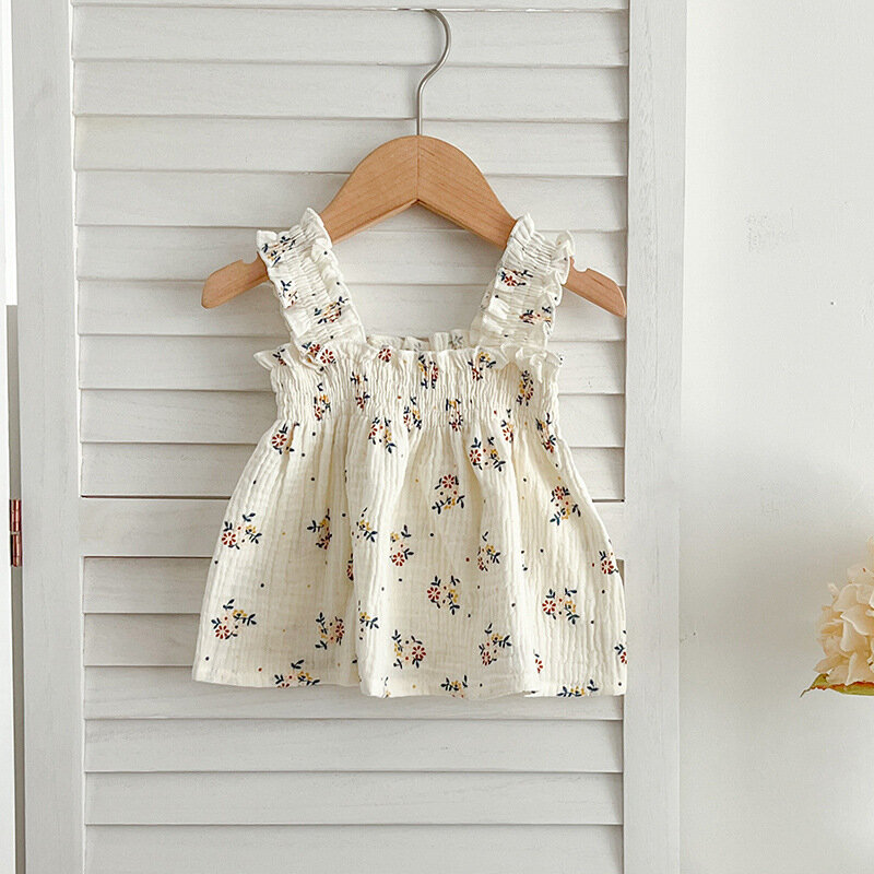 Summer 2024 Korean Baby Girls 2PCS Clothes Set Floral Printed Sling Tops Muslin Loose Shorts Suit Toddler Girls Outfits