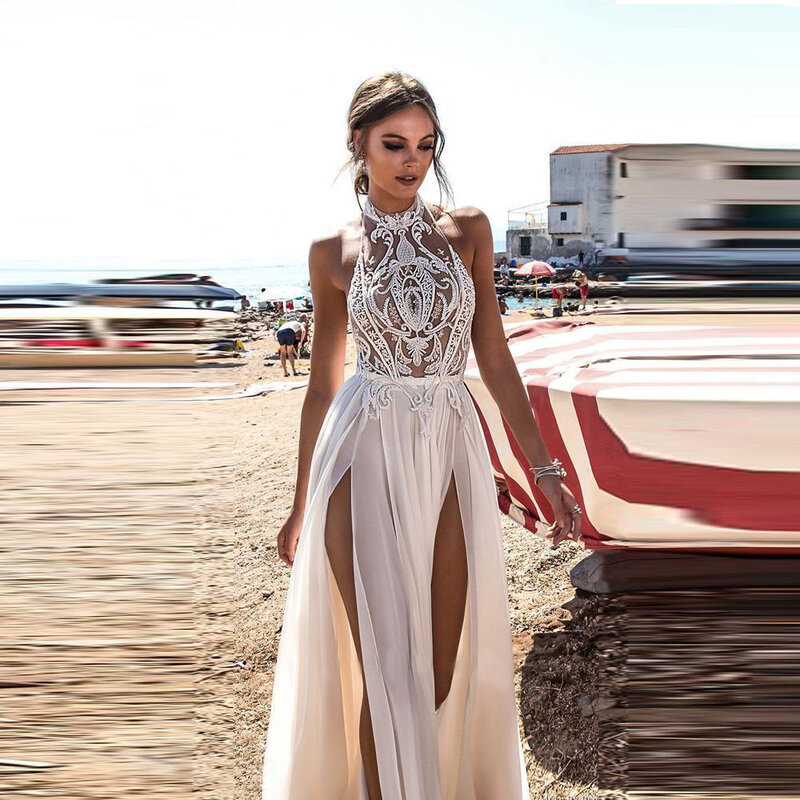فستان زفاف بوهو بشق جانبي مرتفع مثير 2023 للشاطئ ، تنورة شيفون طويلة بدون ظهر ، فستان زفاف للنساء فيستدو