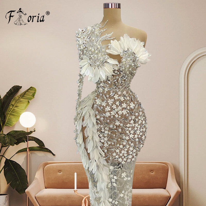 Wspaniała dubajska syrenka formalne suknie wieczorowe perły aplikacje kwiatowe piórka sukienki na przyjęcie arabska sukienka na studniówkę 2023 szata De Soiree