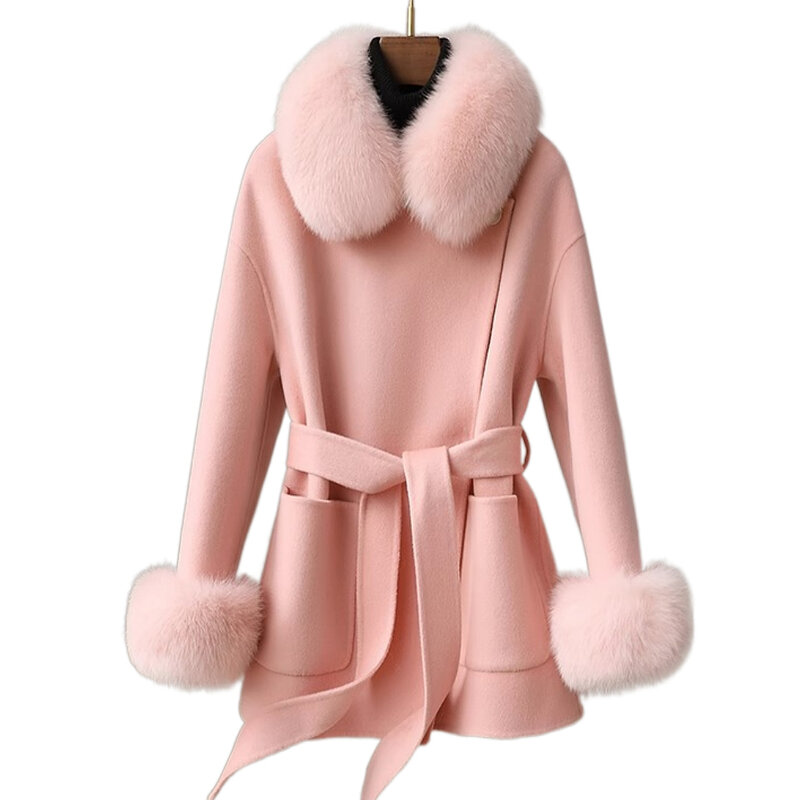 Abrigo Reversible de lana de doble cara para mujer, abrigo de Cachemira con cuello de piel de zorro, longitud media, estilo social Simple, 2023