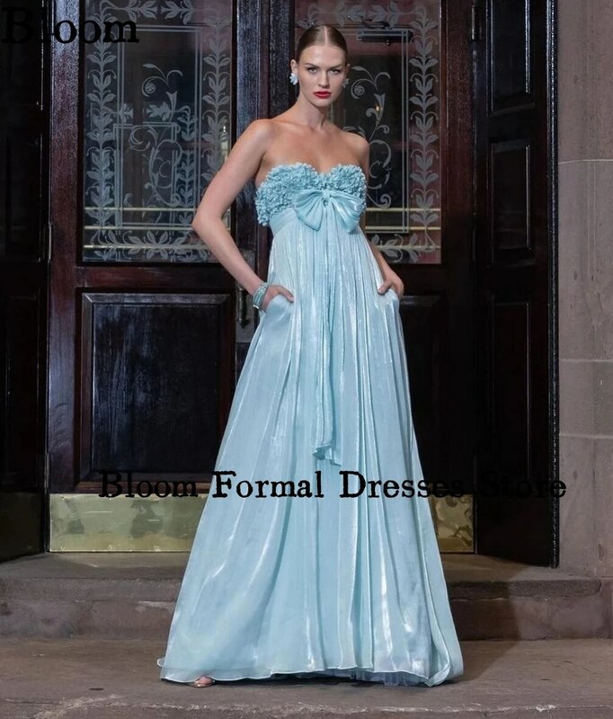 Bloom Glossy Satin A-line Prom Dresses Strapless Bow Appliques Simple Evening Dresses Wedding Party Dress Free Shipping