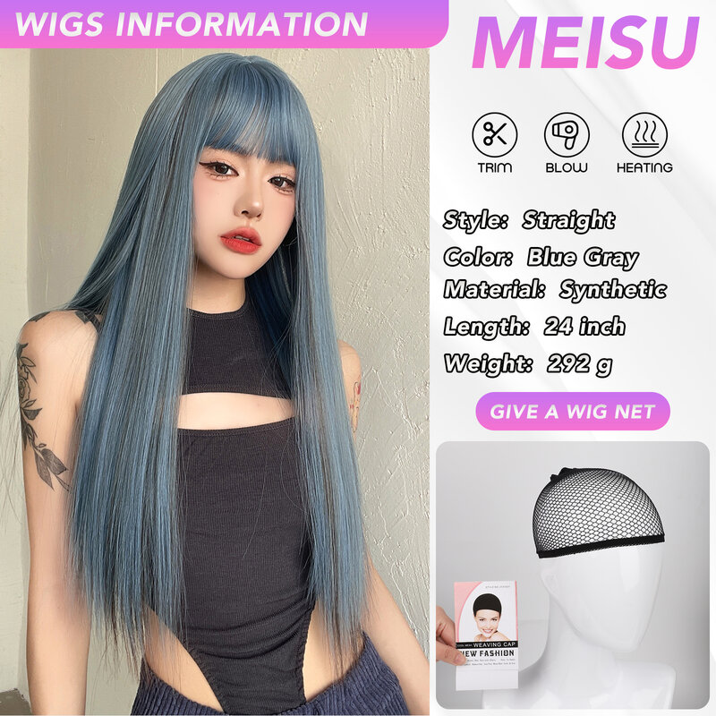 MEISU Blue Gray Wigs Air Bangs 24 Inch Straight Fiber Synthetic Wigs Heat-resistant Natural Party or Selfie For Women Daily Use