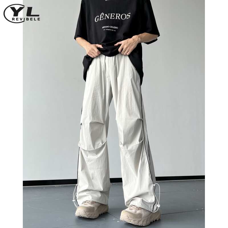Summer Thin Quick Drying Pant Men Loose Casual High Street Fold Straight Pants Stripe Design Jogging Wide Leg Trousers Unisex