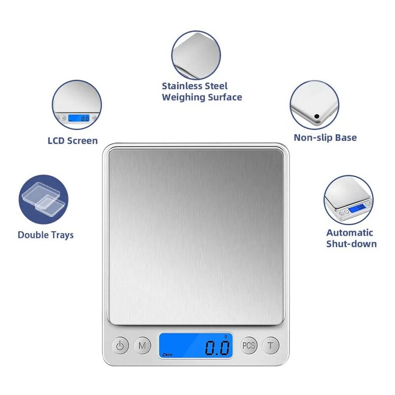 Balança de Cozinha Digital com Display LCD, Pequena Escala Jóias, Balanças Alimentares, Peso Digital Grama, Oz, 3000g, 0.1g