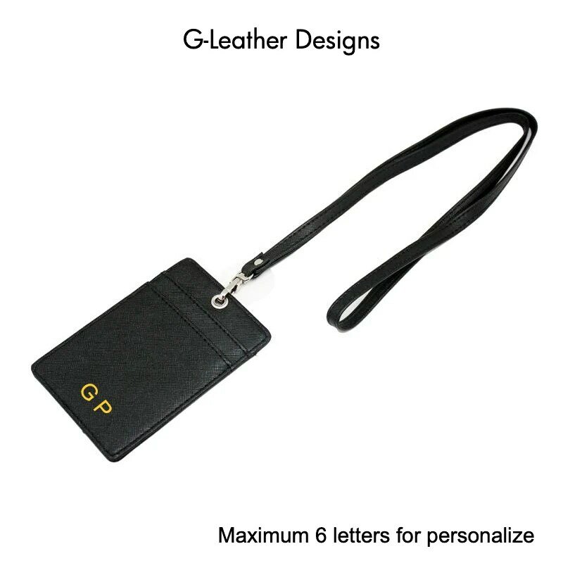 Genuine Saffiano Leather Lanyard College ID Badge Holder Leather Work Office Card Holder With Neck Strap Personalize
