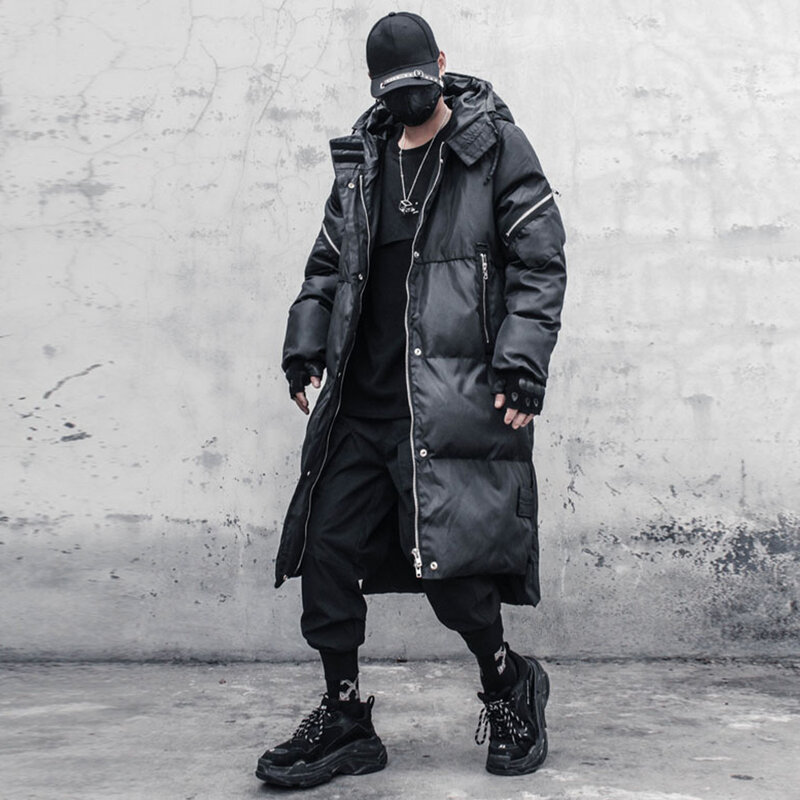 ฤดูหนาวหนาเสื้อผู้ชาย Techwear ปลอมซิป Hooded ยาว Parkas แจ็คเก็ต Streetwear สีดำ Overcoat Outwear