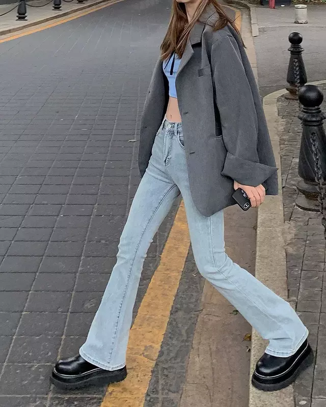 Koreaanse Klassieke Pikante Meidenstijl Retro Slim Fit Zomer Uitlopende Jeans Dames Blauwe Rechte Slanke Body Hoge Taille Vintage Lange Benen