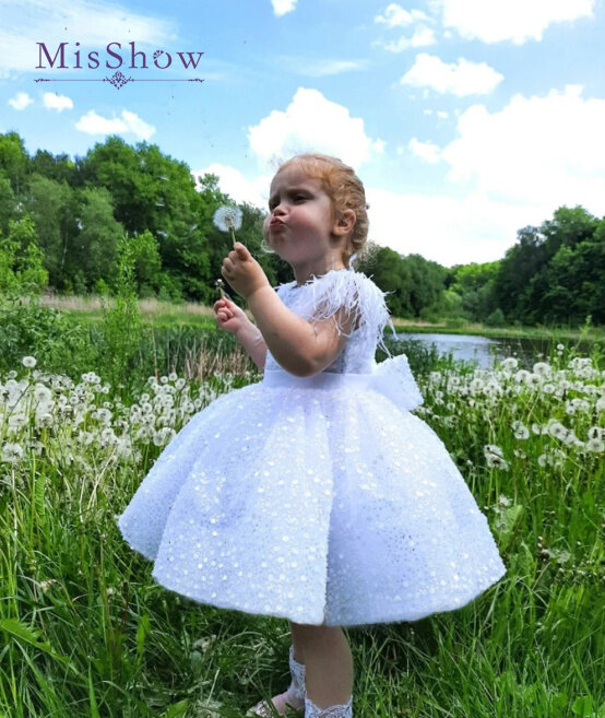 Missshow-vestido de princesa com contas de glitter para meninas de 2 a 14 anos, branco, com laço de pena, para festa de casamento, vestido de baile, comunhão