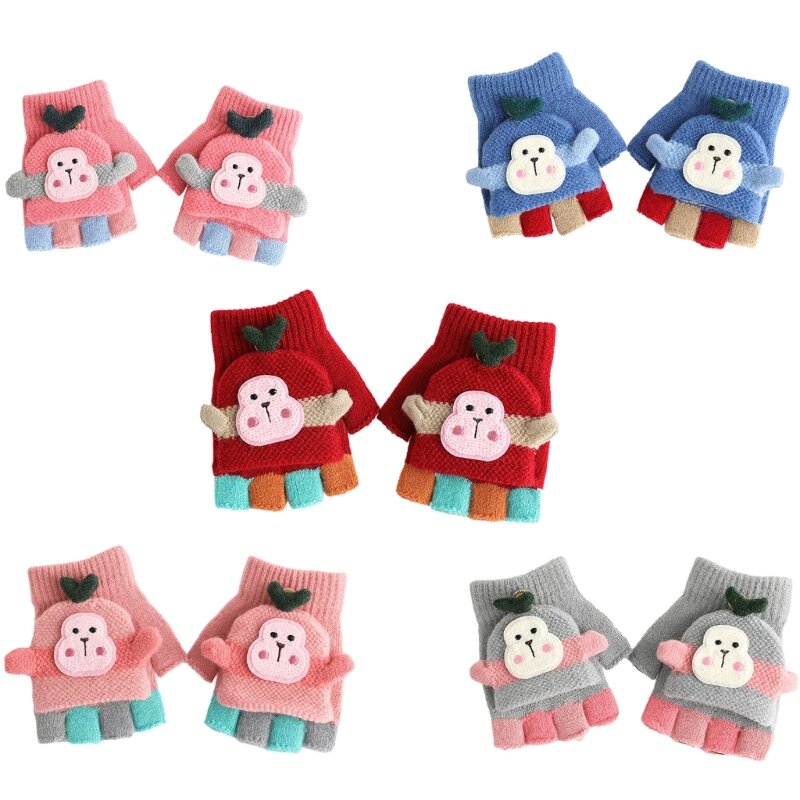 Guanti convertibili invernali a maglia con animali dei cartoni animati, guanti interi/mezze per bambino