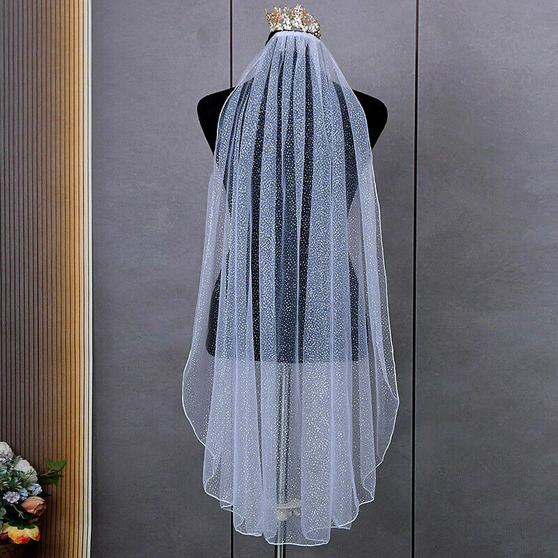 Luxury Bridal Glitter Veil with Comb Wedding Veil Soft Tulle Cut Edge Acc 100cm